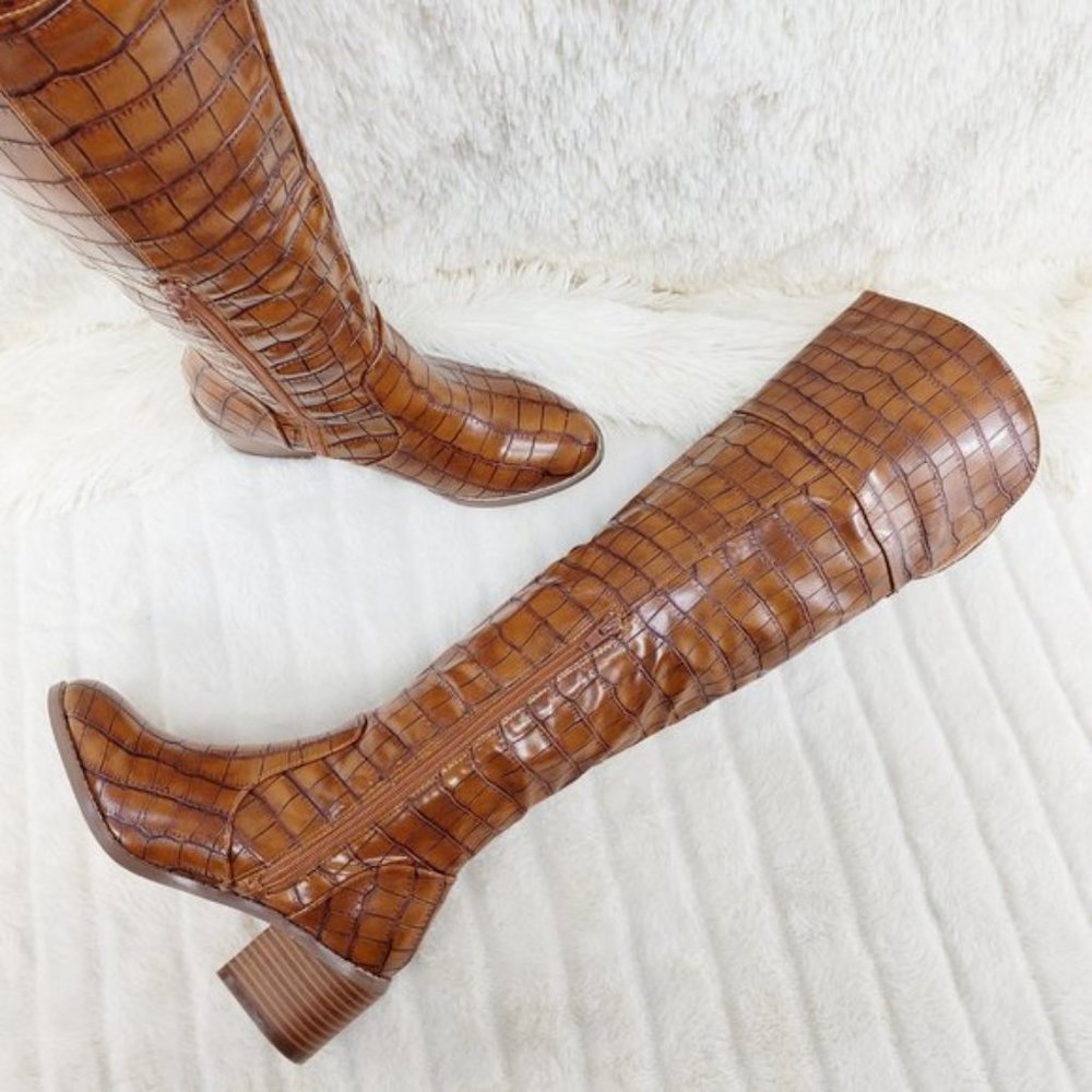 Tan Crocodile Knee High Boots 2.5" Block Heels
